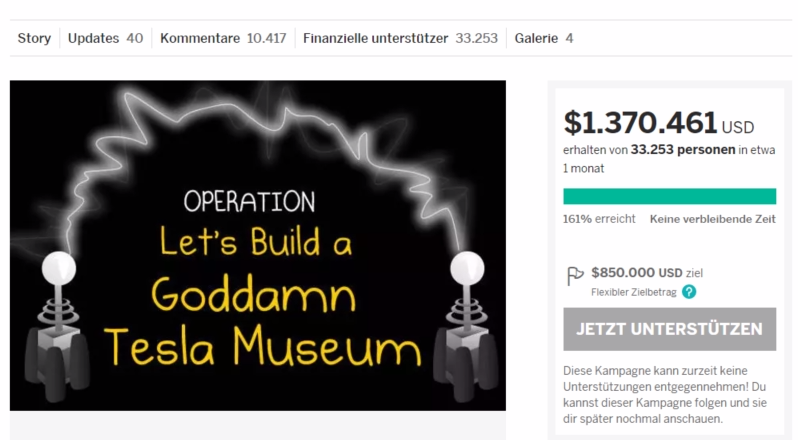 Crowdfunding für ein Tesla Museum